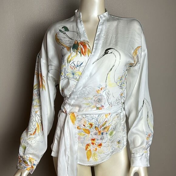 Women’s long sleeve silky ZARA blouse shirt top wrap size small Art to wear - Picture 9 of 9